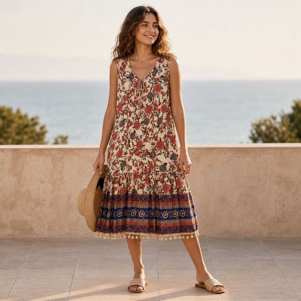 Emery Rose Floral Midi Dress Womens Small Cream Rust Boho Pom-Pom Tie-Front Neck